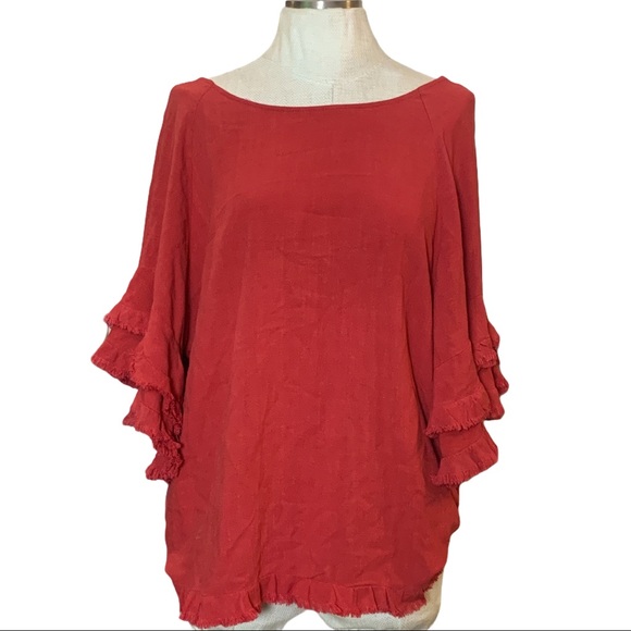 Umgee Tops - Umgee Red Boho Oversized Fringe Shirt Top Large
